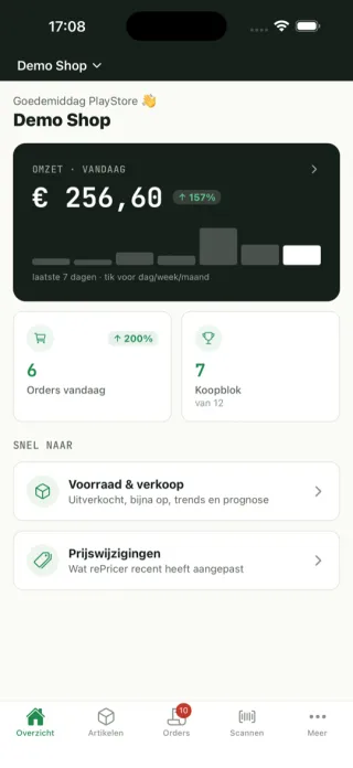 Dashboard van de rePricer-app met je omzet en het koopblok.