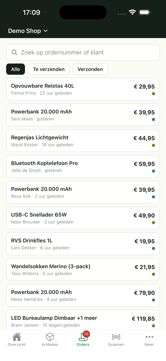Orderoverzicht met filters voor alle, te verzenden en verzonden bestellingen.