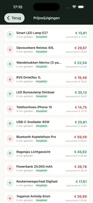 Prijswijzigingen in de rePricer-app.